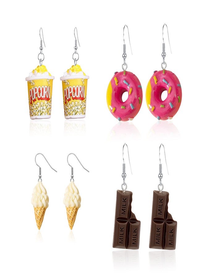 Anmpab 4 Pairs Imitation Cartoon Food Earrings Resin Popcorn Ice Cream Chocolate Donut Dangle Earrings for Women Friends Set (4 Pairs- Popcorn Bucket+Doughnut+Ice Cream+ Chocolate) - Image 1