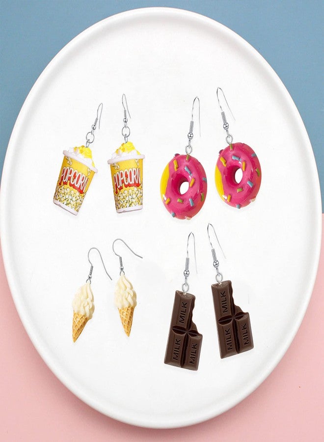 Anmpab 4 Pairs Imitation Cartoon Food Earrings Resin Popcorn Ice Cream Chocolate Donut Dangle Earrings for Women Friends Set (4 Pairs- Popcorn Bucket+Doughnut+Ice Cream+ Chocolate) - Image 5