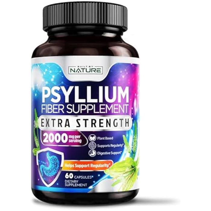 Built By Nature Psyllium Husk Capsules 2000mg - Fiber Supplement - Natural Soluble Fiber Pills with Psyllium Husk Powder - Supports Digestive Gut and Colon Health - Non-GMO, Gluten-Free, Vegan - 60 Capsules - Image 1