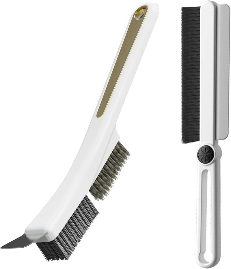 JIANGLAI Crevice Cleaning Brushes with Rotatable Handle, Wire Nylon Scrub Brush with Stainless Steel Scraper, Grout Brush for Kitchen Stove Sink Tiles Corners Range Hood Door Window Track, 2 Pcs - Image 1