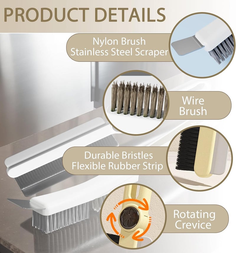 JIANGLAI Crevice Cleaning Brushes with Rotatable Handle, Wire Nylon Scrub Brush with Stainless Steel Scraper, Grout Brush for Kitchen Stove Sink Tiles Corners Range Hood Door Window Track, 2 Pcs - Image 4