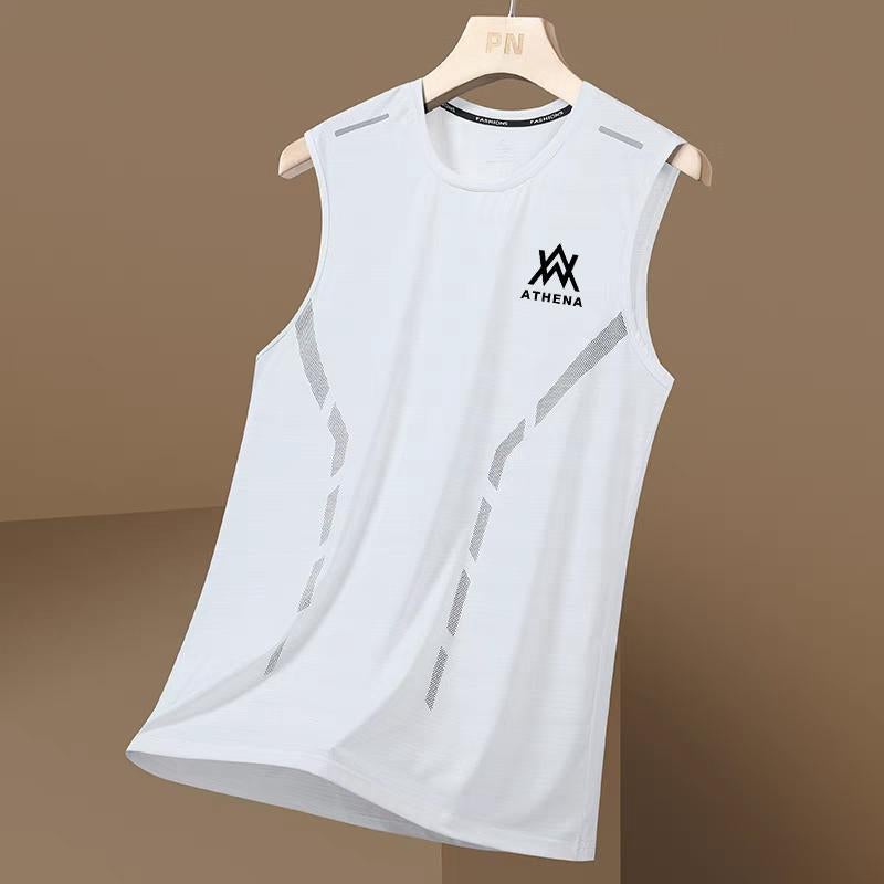 Summer Quick-drying Ice Silk Vest Mens Cut-off Sleeve Mesh Sleeveless T-shirt plus size Mens Loose Hurdle Sports Crosssleeve Top WA White [Vest Side Pole Model] 
