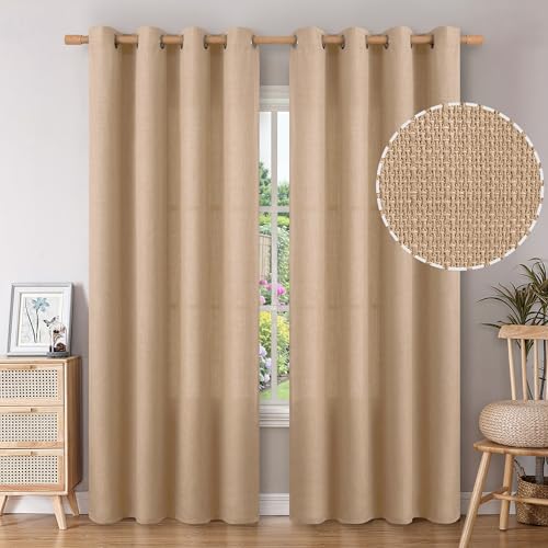 BGment Tan Linen Curtains for Living Room 84 Inch Length 2 Panels Set Burlap Textured Thick Light Filtering Window Drapes for Farmhouse Home Decor 52 Inch Wide Each Panel