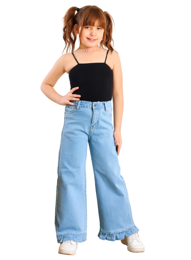 JBS DENIM Girls' light blue wide leg jeans with ruffles - Image 1