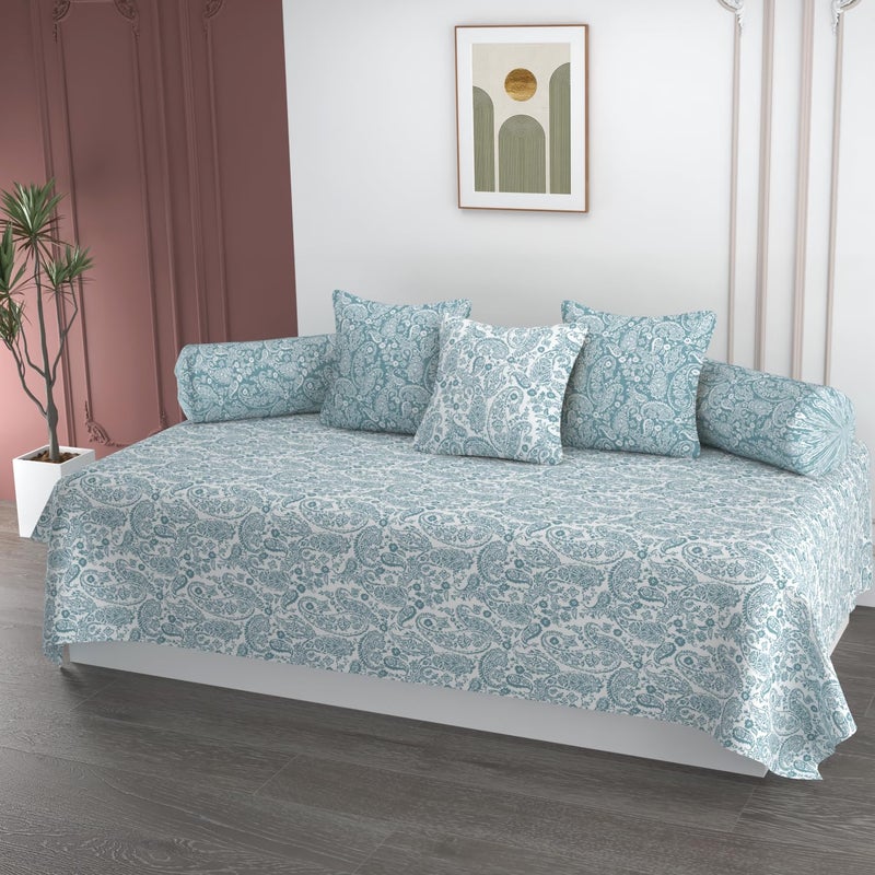APALA Super Soft Cotton Paisley diwan Set for Living Room, diwan Set 6 Pieces One Single Bedsheet with 3 Cushion Cover,2 Bolster (White(Aqua Print)) - Image 1