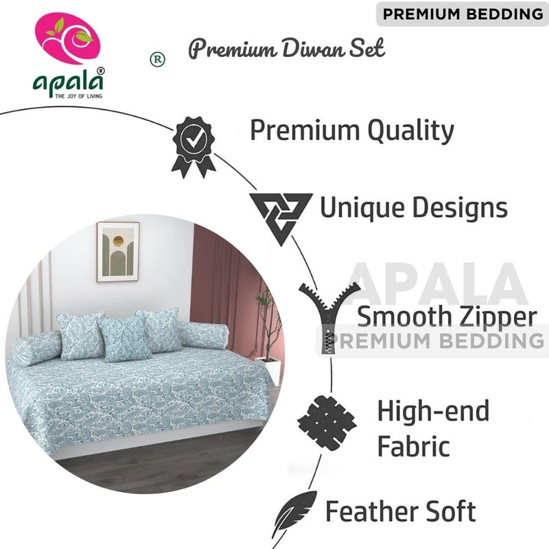 APALA Super Soft Cotton Paisley diwan Set for Living Room, diwan Set 6 Pieces One Single Bedsheet with 3 Cushion Cover,2 Bolster (White(Aqua Print)) - Image 2