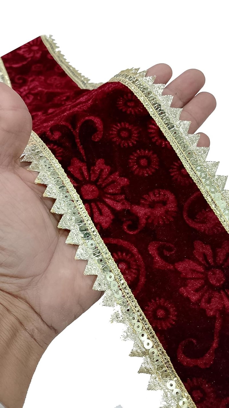 Generic Balar Creation Maroon Velvet Lace Border with Water Zari Sequins Embroidery Gota Patti Ribbon for Dresses Dcor 99cm Width 9m  - Image 3