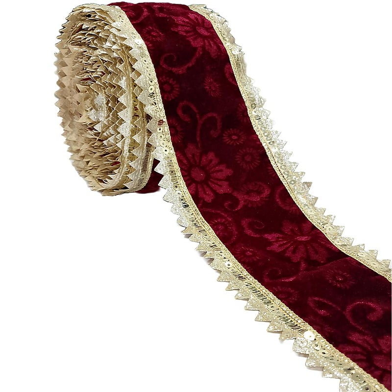 Generic Balar Creation Maroon Velvet Lace Border with Water Zari Sequins Embroidery Gota Patti Ribbon for Dresses Dcor 99cm Width 9m  - Image 1