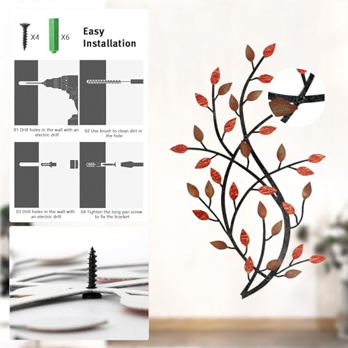 Meltset Metal Tree Leaf Wall Decor, Vine Olive Leaf Branch Wall Art, Wrought Iron Scroll Artwork, Decorative Wall Sculptures Above The Bed, Living Room, Hallway, Indoor and Outdoor（S/Red） - Image 5