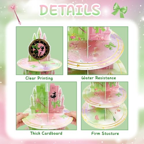 KALEFO 3 Tier Pink and Green Witch Theme Cupcake Stand Elegant Princess Witches Themed Dessert Display for Halloween Wizard Birthday Party Decor Table Decoration - Image 3