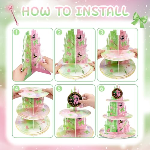 KALEFO 3 Tier Pink and Green Witch Theme Cupcake Stand Elegant Princess Witches Themed Dessert Display for Halloween Wizard Birthday Party Decor Table Decoration - Image 5