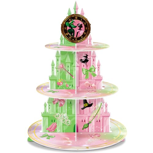 KALEFO 3 Tier Pink and Green Witch Theme Cupcake Stand Elegant Princess Witches Themed Dessert Display for Halloween Wizard Birthday Party Decor Table Decoration - Image 1