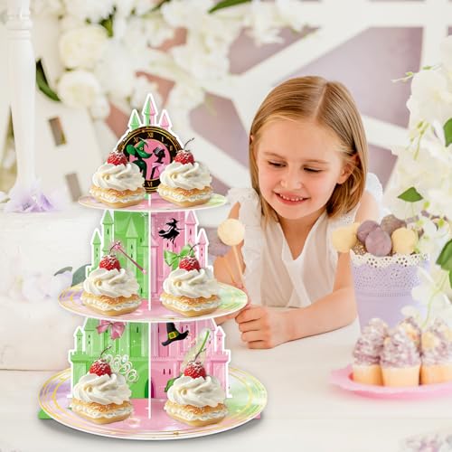 KALEFO 3 Tier Pink and Green Witch Theme Cupcake Stand Elegant Princess Witches Themed Dessert Display for Halloween Wizard Birthday Party Decor Table Decoration - Image 4