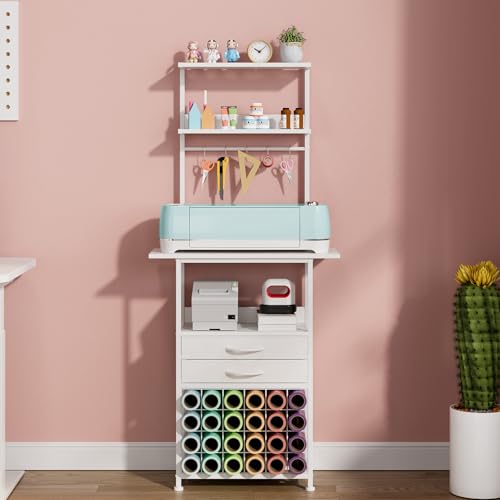 VENNQD Stand Compatible with Cricut Maker and Cricut Explore Air Series Craft Organizers and Storage with 2 Fabric Drawer and Shelves Crafting Table with Vinyl Roll Holder Workstation, White - Image 2