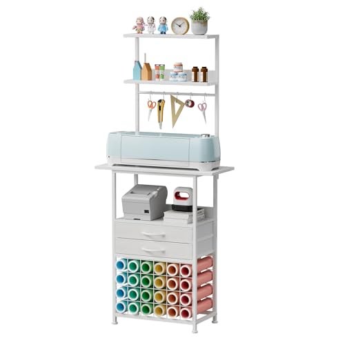 VENNQD Stand Compatible with Cricut Maker and Cricut Explore Air Series Craft Organizers and Storage with 2 Fabric Drawer and Shelves Crafting Table with Vinyl Roll Holder Workstation, White - Image 1