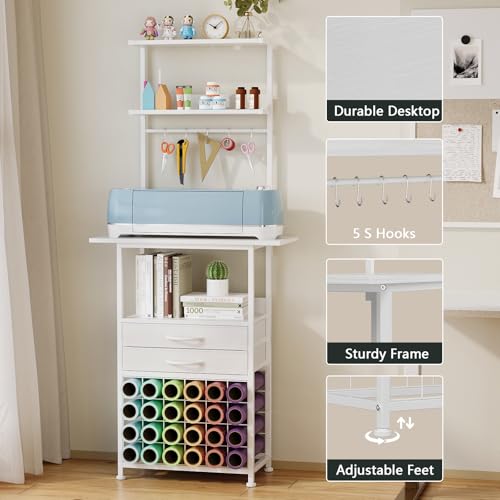 VENNQD Stand Compatible with Cricut Maker and Cricut Explore Air Series Craft Organizers and Storage with 2 Fabric Drawer and Shelves Crafting Table with Vinyl Roll Holder Workstation, White - Image 4