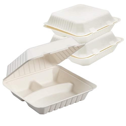 Perfectware 100 Compostable 3 Comp Take Out Food Containers 9x9x 3 100 Containers Natural Disposable Bagasse EcoFriendly Biodegradable Made of Sugar Cane