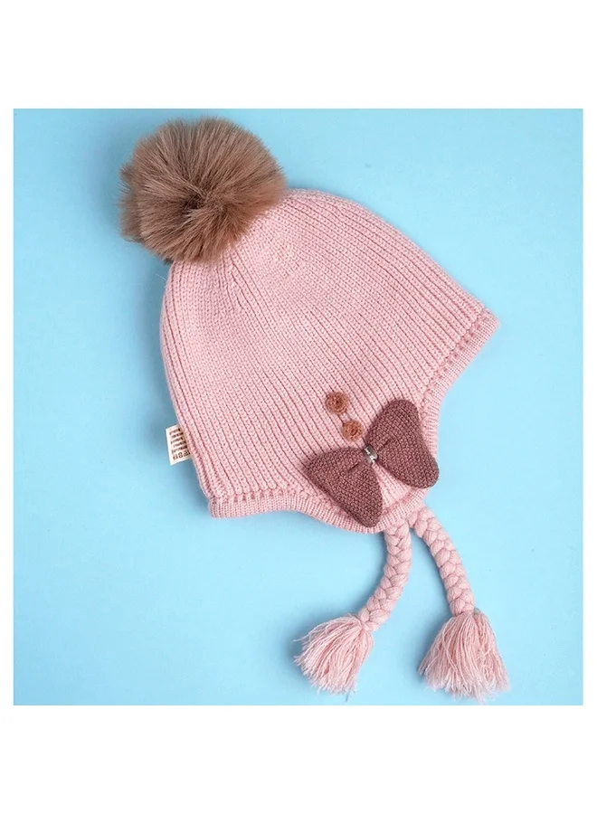 LITTLE SURPRISE BOX Pink Butterfly Knitted Soft Woolen Winter Cap With Tie Up 6-18 Months