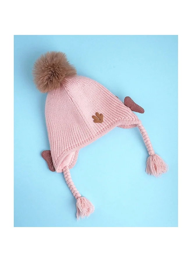 LITTLE SURPRISE BOX Pink Butterfly Knitted Soft Woolen Winter Cap With Tie Up 6-18 Months