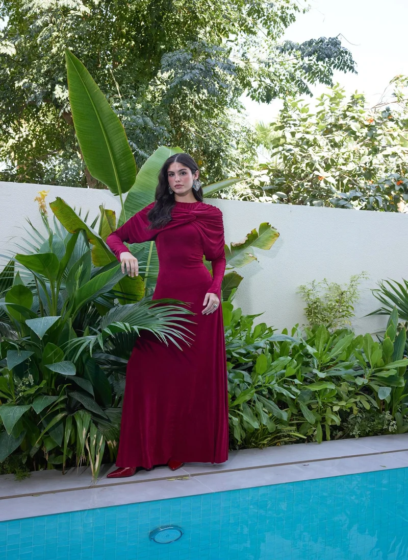 Ashita Fernandes Twisted Knot Detail Long Sleeve Maxi Dress - Burgundy