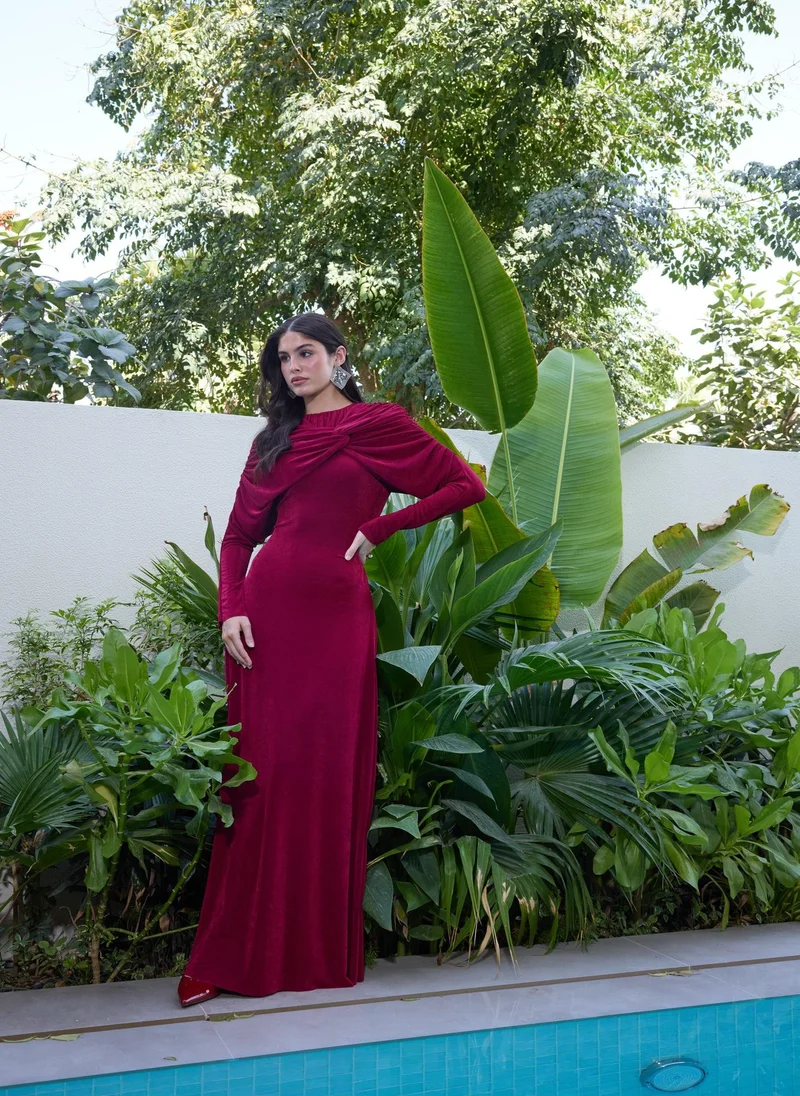Blood Red Ruched Neck Mesh Dress