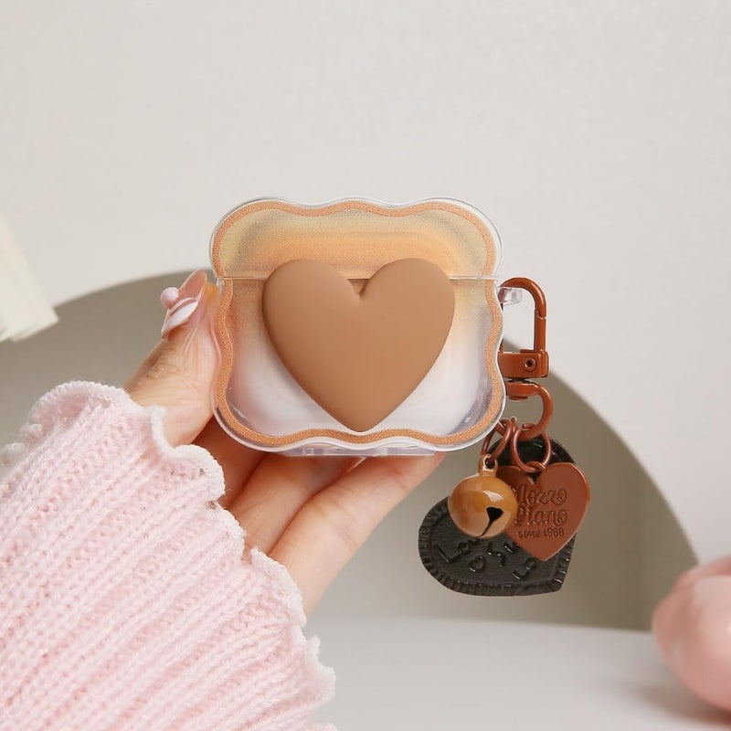 QLD COVER Compatible with Apple AirPods 4 Generation 2024 Case Cover, Lovely 3D Love Heart Waves Design Shockproof Soft Clear TPU Airpods 4 Protector with Keychain for Women Girls, Brown Love - Image 1