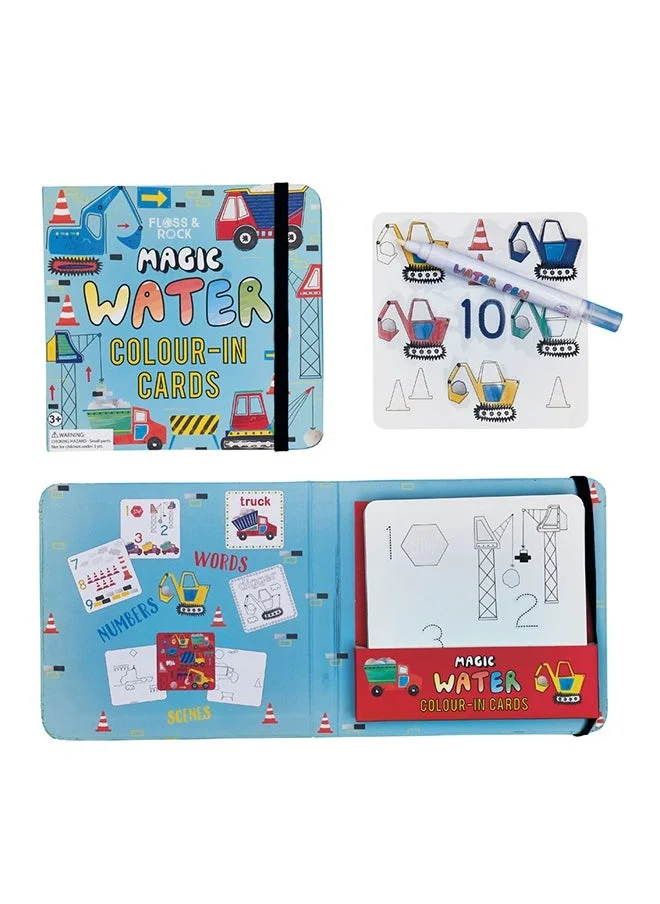 Floss & Rock Magic Water Drawing Set – Construction Trucks & Tools Theme | Reusable Water Coloring Cards | Activity for Kids with Water Pen | Reusable Coloring & Drawing Fun