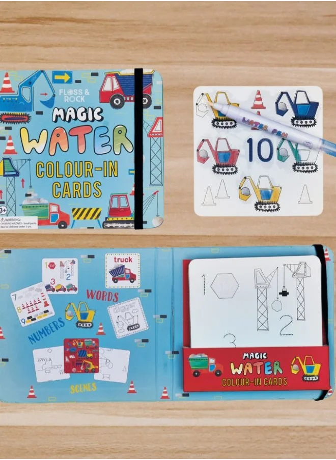 Floss & Rock Magic Water Drawing Set – Construction Trucks & Tools Theme | Reusable Water Coloring Cards | Activity for Kids with Water Pen | Reusable Coloring & Drawing Fun