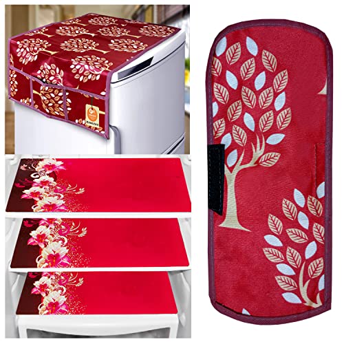 KANUSHI Industries® 1Pc Fridge Cover for Top with 6 Utility Pockets + 1 Handles Covers + 3 Fridge Mats (VAR-FRI-MAROON-TREE-COMBO-M-23) - Image 1