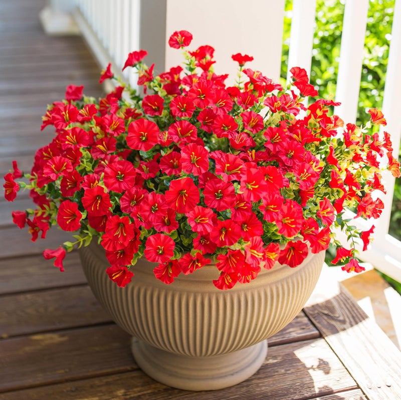 HyeFlora Artificial Flowers for Outdoors Fake Plants Outside Decoration, 12 Bundles Silk Red Morning Glory UV Resistant Look Real Faux Flowers for Planter Front Door Porch Patio Yard Gardens Balcony - Image 4