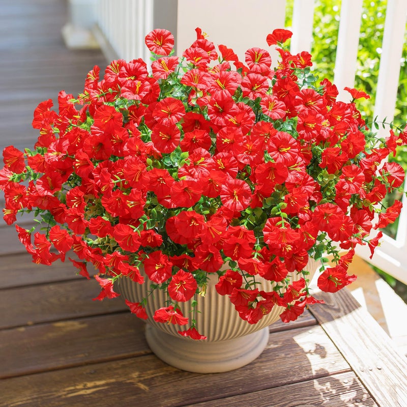 HyeFlora Artificial Flowers for Outdoors Fake Plants Outside Decoration, 12 Bundles Silk Red Morning Glory UV Resistant Look Real Faux Flowers for Planter Front Door Porch Patio Yard Gardens Balcony - Image 1