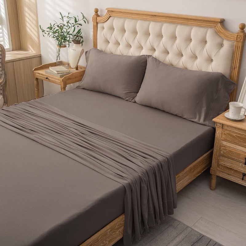 Pure Era Jersey Knit 4Pc Bed Sheet Set 100% T-Shirt Cotton Super Soft Comfy Breathable Fits Mattress Up To 20"" Extra Deep Pocket (New Solid Brown  King) - Image 5