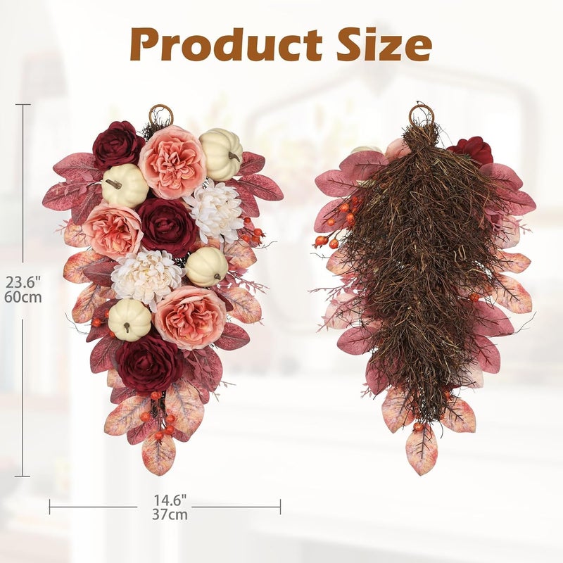 GnFlus Harvest Teardrop Swag Fall Floral Swag sway with White Pumpkin Chrysanthemum Rose and Eucalyptus Leaves Autumn Teardrop sway for Home Front Door Wall Mantel Window Decor Pink and Burgundy - Image 3