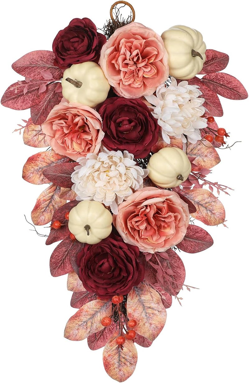 GnFlus Harvest Teardrop Swag Fall Floral Swag sway with White Pumpkin Chrysanthemum Rose and Eucalyptus Leaves Autumn Teardrop sway for Home Front Door Wall Mantel Window Decor Pink and Burgundy - Image 1