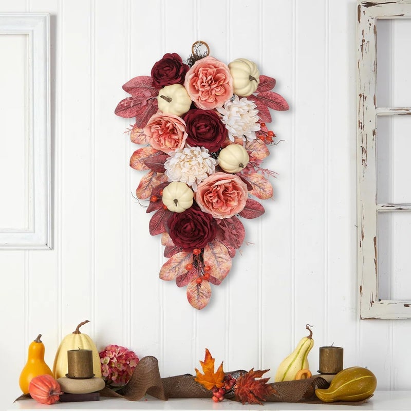 GnFlus Harvest Teardrop Swag Fall Floral Swag sway with White Pumpkin Chrysanthemum Rose and Eucalyptus Leaves Autumn Teardrop sway for Home Front Door Wall Mantel Window Decor Pink and Burgundy - Image 2