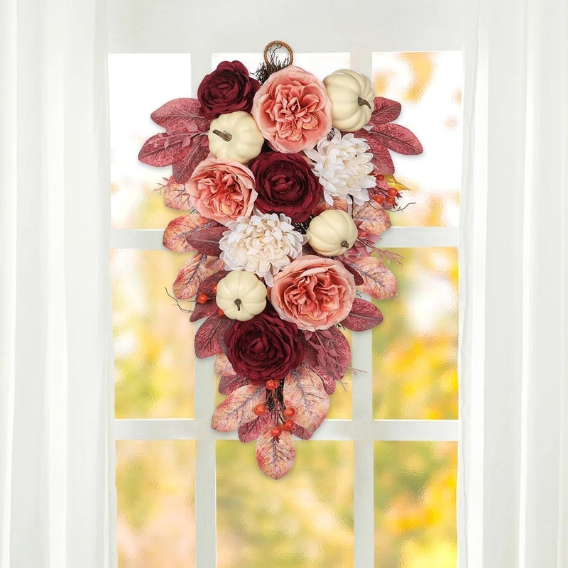 GnFlus Harvest Teardrop Swag Fall Floral Swag sway with White Pumpkin Chrysanthemum Rose and Eucalyptus Leaves Autumn Teardrop sway for Home Front Door Wall Mantel Window Decor Pink and Burgundy - Image 5