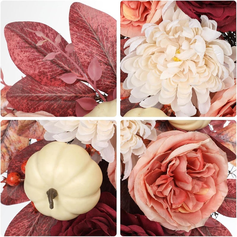 GnFlus Harvest Teardrop Swag Fall Floral Swag sway with White Pumpkin Chrysanthemum Rose and Eucalyptus Leaves Autumn Teardrop sway for Home Front Door Wall Mantel Window Decor Pink and Burgundy - Image 4