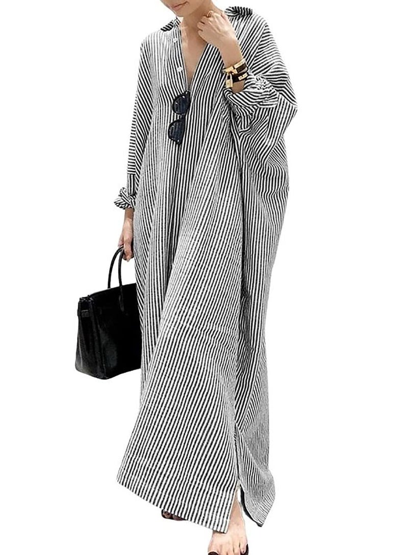 utcoco Womens Striped Long Sleeve Dress Casual Loose Button Down Cotton Maxi Shirt Dress (Small, Black) - Image 1