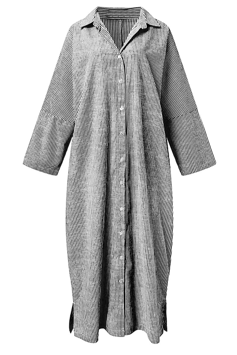 utcoco Womens Striped Long Sleeve Dress Casual Loose Button Down Cotton Maxi Shirt Dress (Small, Black) - Image 2