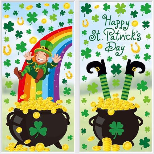 Traplace 83 PCS St Patricks Day Decorations, 2 Sheets Extra Large St Patricks Day Window Clings with Clovers Golden Cans Coins Rainbow, Green Party Decorations, Shamrock Window Clings for Home Office - Image 1