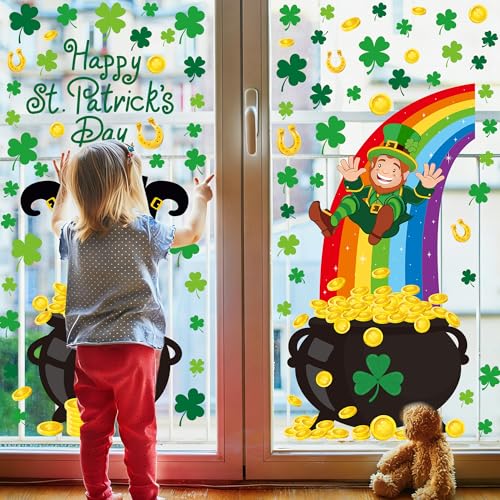 Traplace 83 PCS St Patricks Day Decorations, 2 Sheets Extra Large St Patricks Day Window Clings with Clovers Golden Cans Coins Rainbow, Green Party Decorations, Shamrock Window Clings for Home Office - Image 5