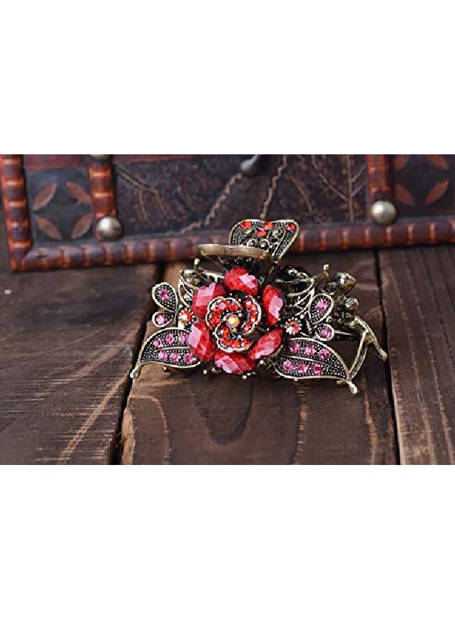 Suoirblss Women Retro Rose Flower Hair Claw Imitation Turquoise Fancy Jaw Clips Pins Fashion Alloy Rhinestone Hair Catch Barrette Hair Updo Grip Hair Accessories (Red) - Image 4