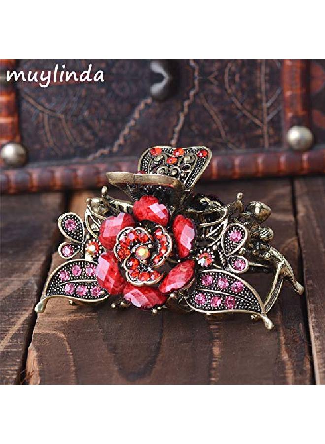 Suoirblss Women Retro Rose Flower Hair Claw Imitation Turquoise Fancy Jaw Clips Pins Fashion Alloy Rhinestone Hair Catch Barrette Hair Updo Grip Hair Accessories (Red) - Image 3