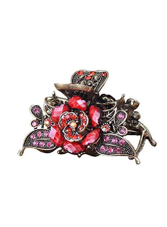 Suoirblss Women Retro Rose Flower Hair Claw Imitation Turquoise Fancy Jaw Clips Pins Fashion Alloy Rhinestone Hair Catch Barrette Hair Updo Grip Hair Accessories (Red) - Image 2