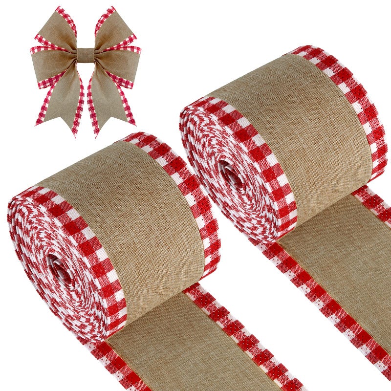 Syhood 2 Rolls Christmas Buffalo Plaid Wired Edge Ribbons Christmas Tree Burlap Fabric Craft Wrapping Ribbon with Checkered Edge 216 Inch25 Inch WidthRed and White - Image 3