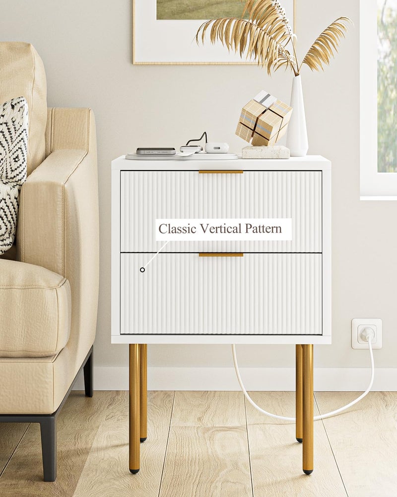 Masupu Nightstand with Charging Station,Mid-Century Modern Bedside Table with 2 Storage Drawer,Small Gold Frame Side End Table for Bedroom,Living Room (White) - Image 3