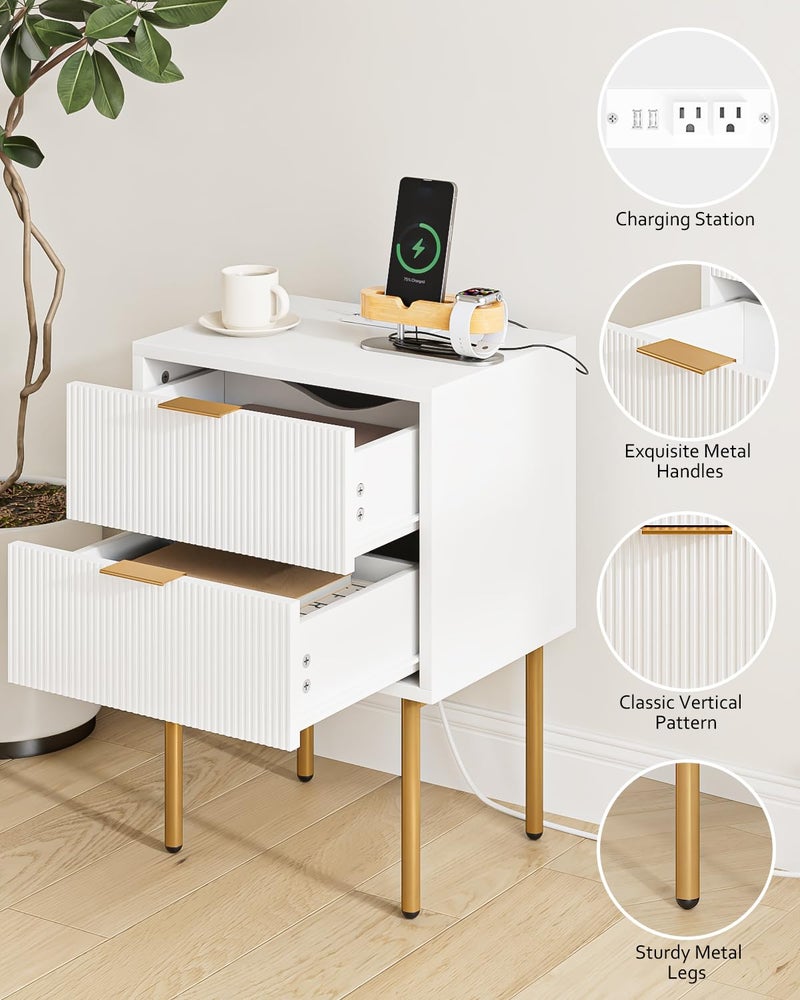 Masupu Nightstand with Charging Station,Mid-Century Modern Bedside Table with 2 Storage Drawer,Small Gold Frame Side End Table for Bedroom,Living Room (White) - Image 2