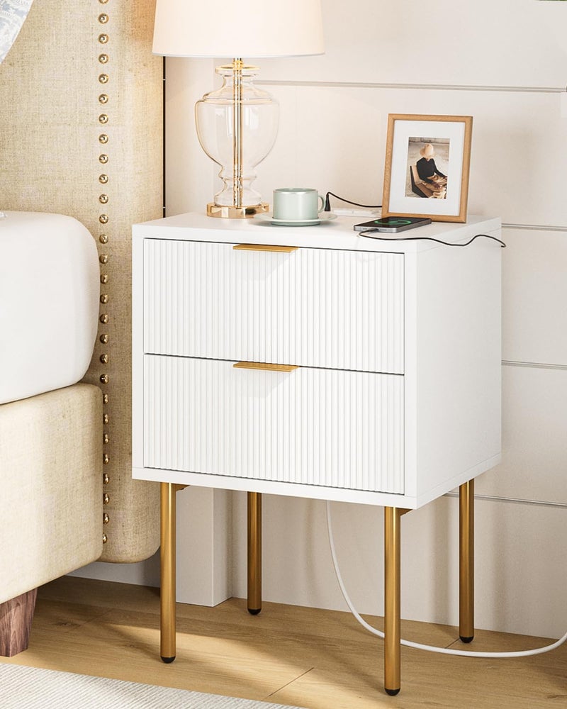 Masupu Nightstand with Charging Station,Mid-Century Modern Bedside Table with 2 Storage Drawer,Small Gold Frame Side End Table for Bedroom,Living Room (White) - Image 1