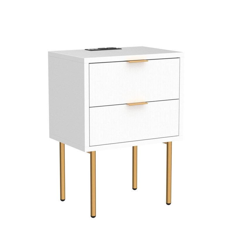 Masupu Nightstand with Charging Station,Mid-Century Modern Bedside Table with 2 Storage Drawer,Small Gold Frame Side End Table for Bedroom,Living Room (White) - Image 4