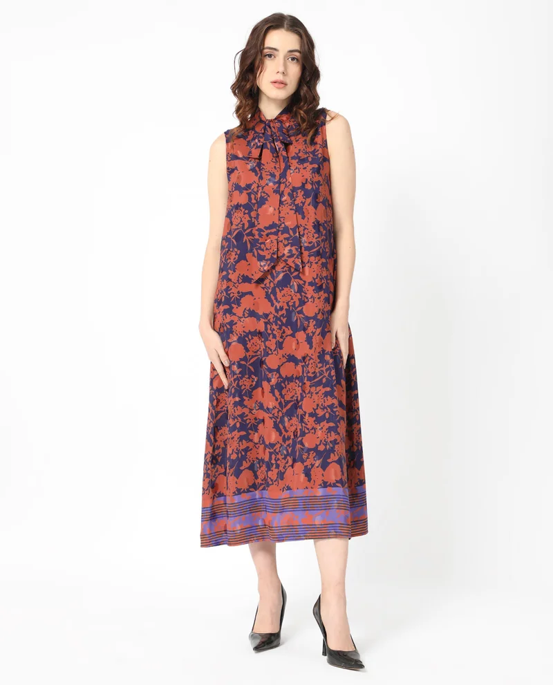 Rareism Rareism Women's Ellu Brown Polyester Fabric Tie-Up Neck  Sleeveless Floral Print  Knee Length Dress